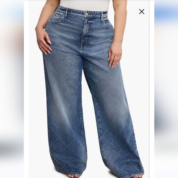 Good American Wide Leg Diamond Pattern Rhinestone High Rise Jeans Indigo Size 22